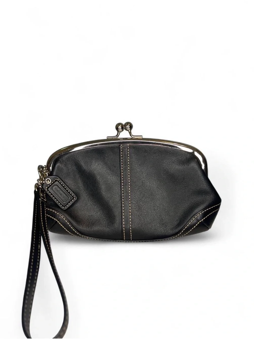 Coach Vintage Black Leather Kiss-Lock Wristlet Clutch with Contrast Stitching
